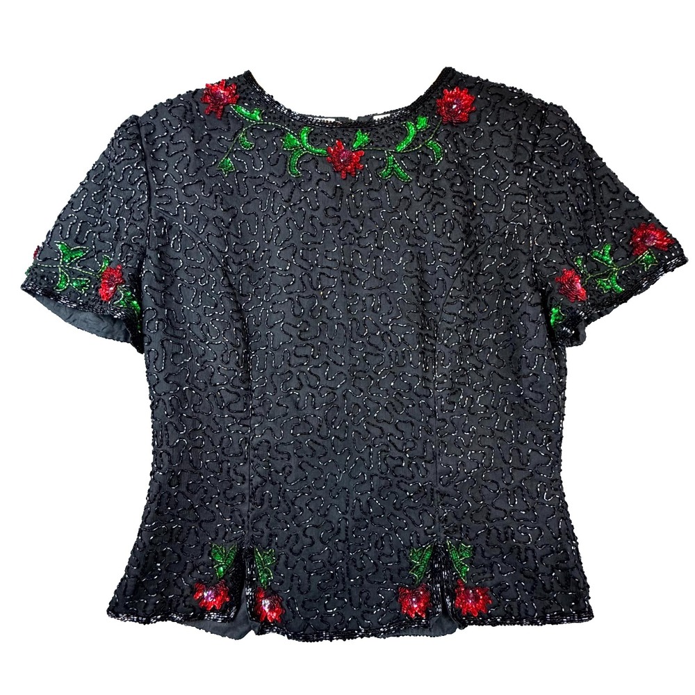 Vintage Scala Blouse Top Women XL Black Red Floral Lined 100% Silk Beaded Sequin